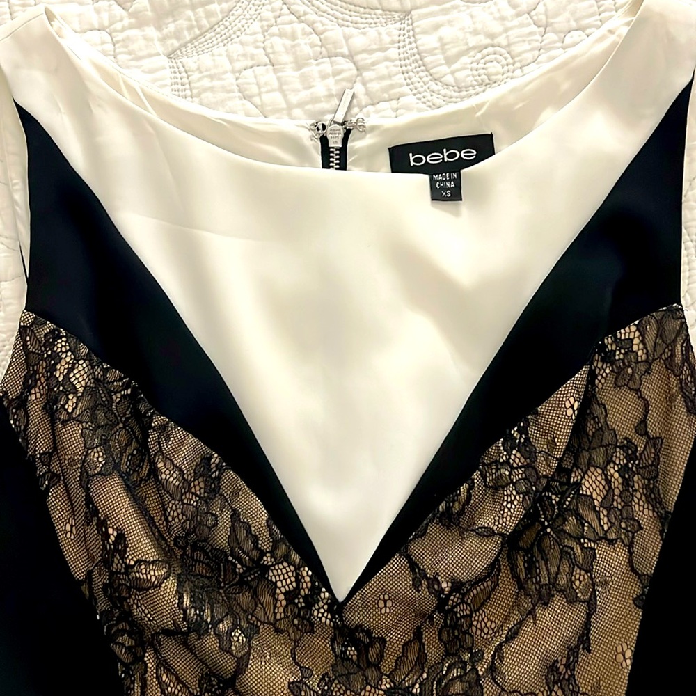 Cocktail BEBE lace black, bandage mini dress XS